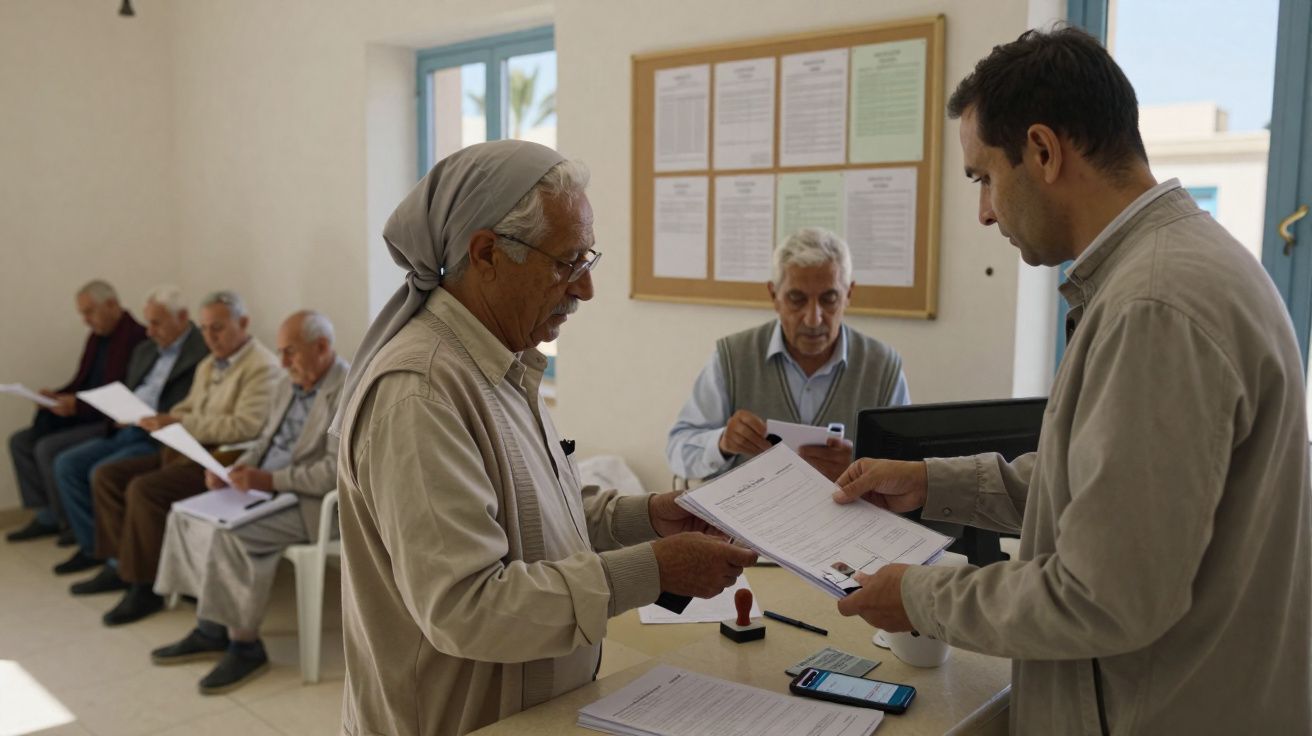 Pessoa mais velha entrega documentos a funcionário num escritório, com outras pessoas à espera sentadas.