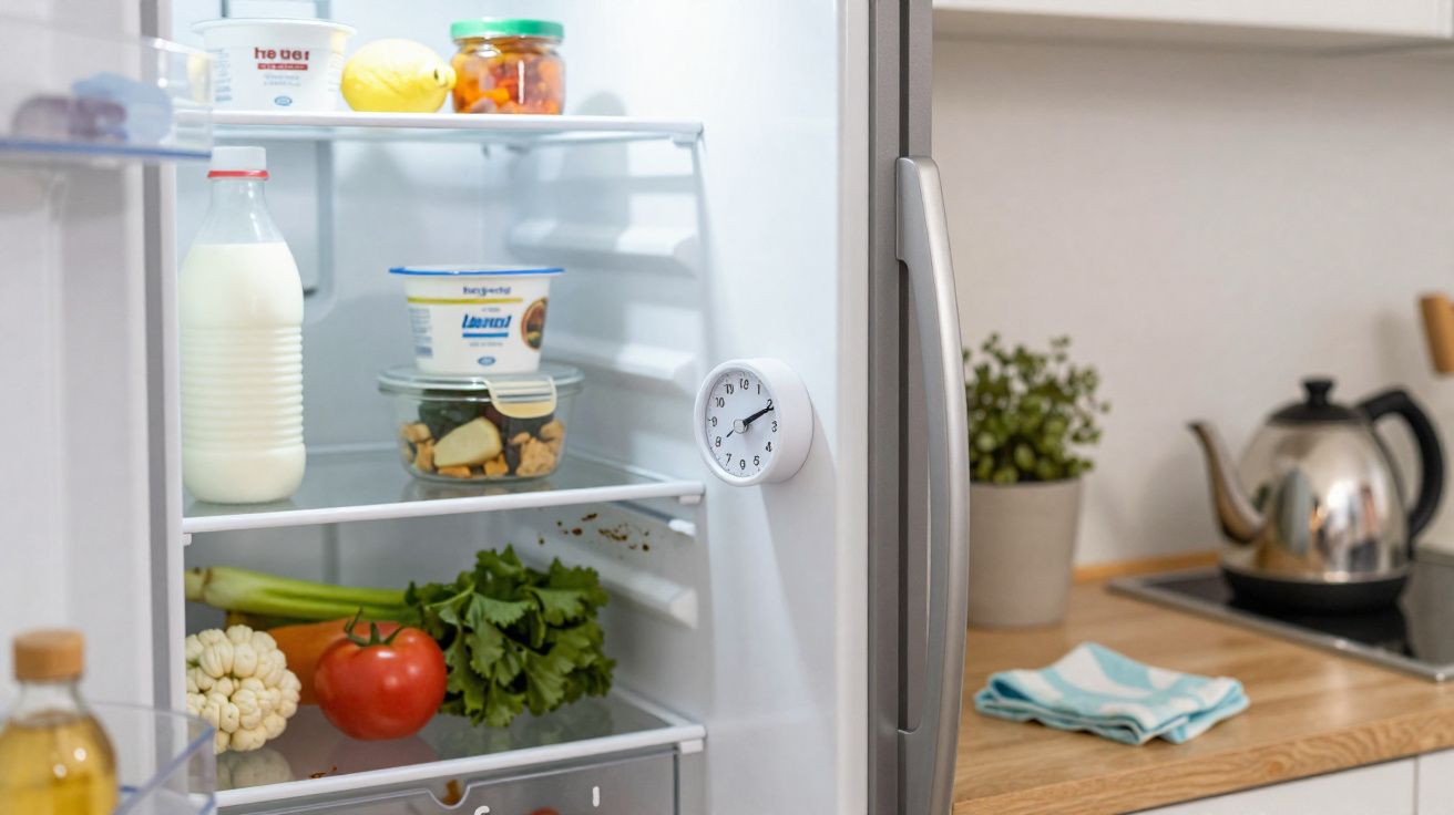 Interior de frigorífico aberto com leite, iogurte, legumes frescos e relógio na porta.