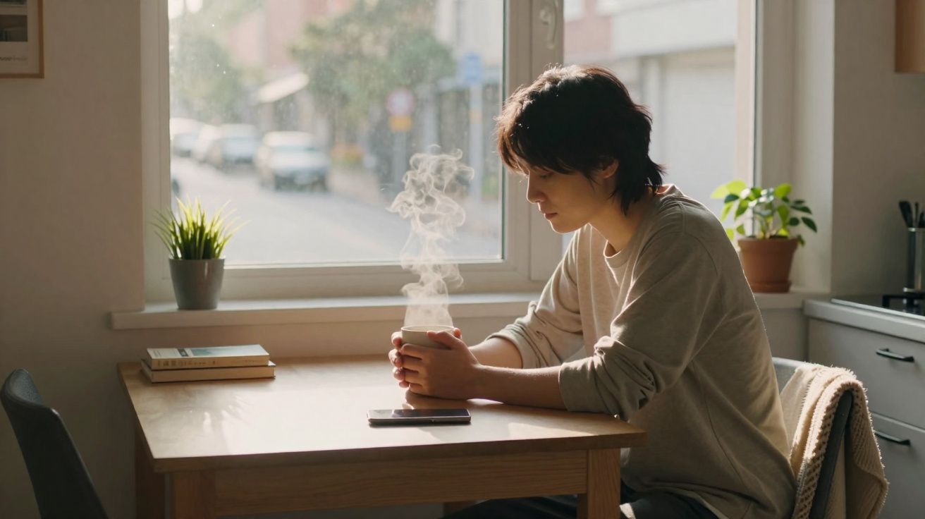Pessoa sentada à mesa junto à janela a segurar uma chávena quente de chá ou café, com vapor a subir.