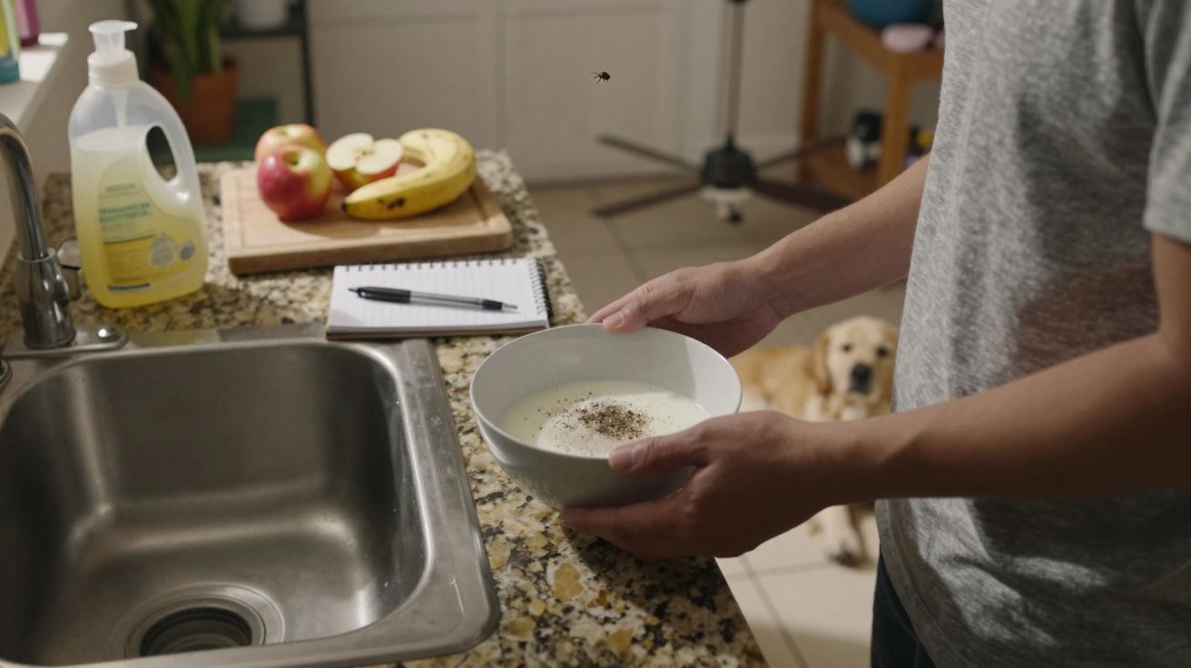 Pessoa segura taça com comida enquanto cão observa na cozinha com frutas, bloco de notas e sabonete.