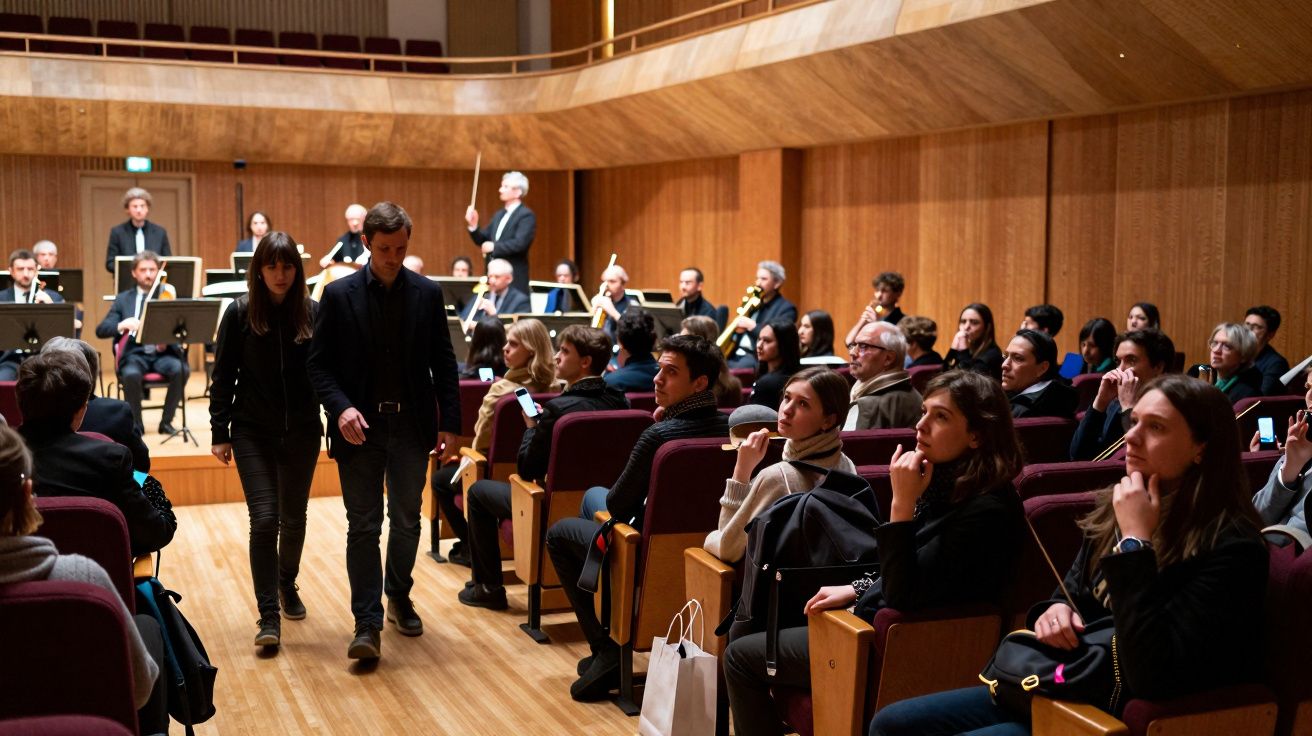 Auditório com público a assistir a uma orquestra clássica em palco, com maestro a reger os músicos.