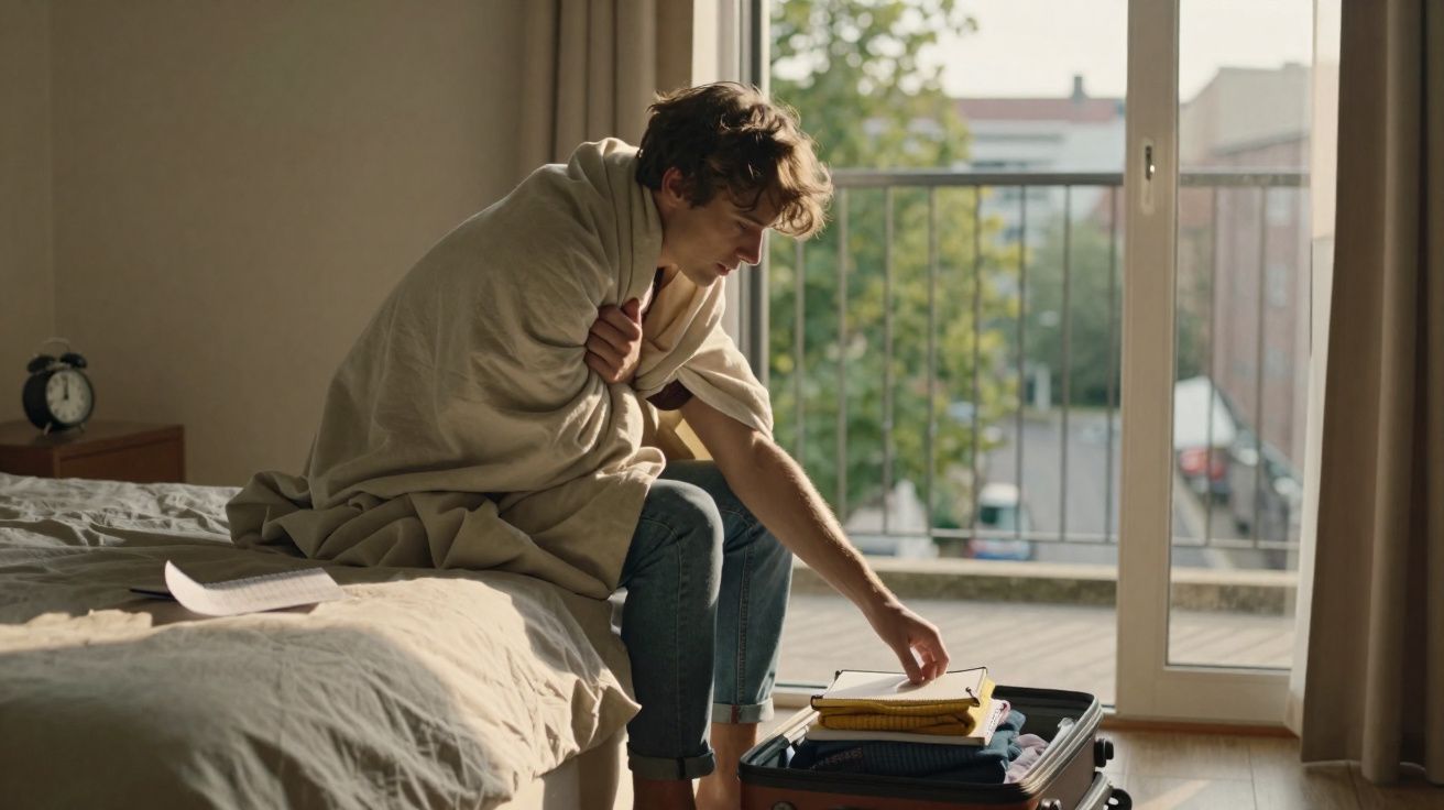 Homem embrulhado em manta sentado na cama a arrumar mala perto de janela aberta numa manhã ensolarada.