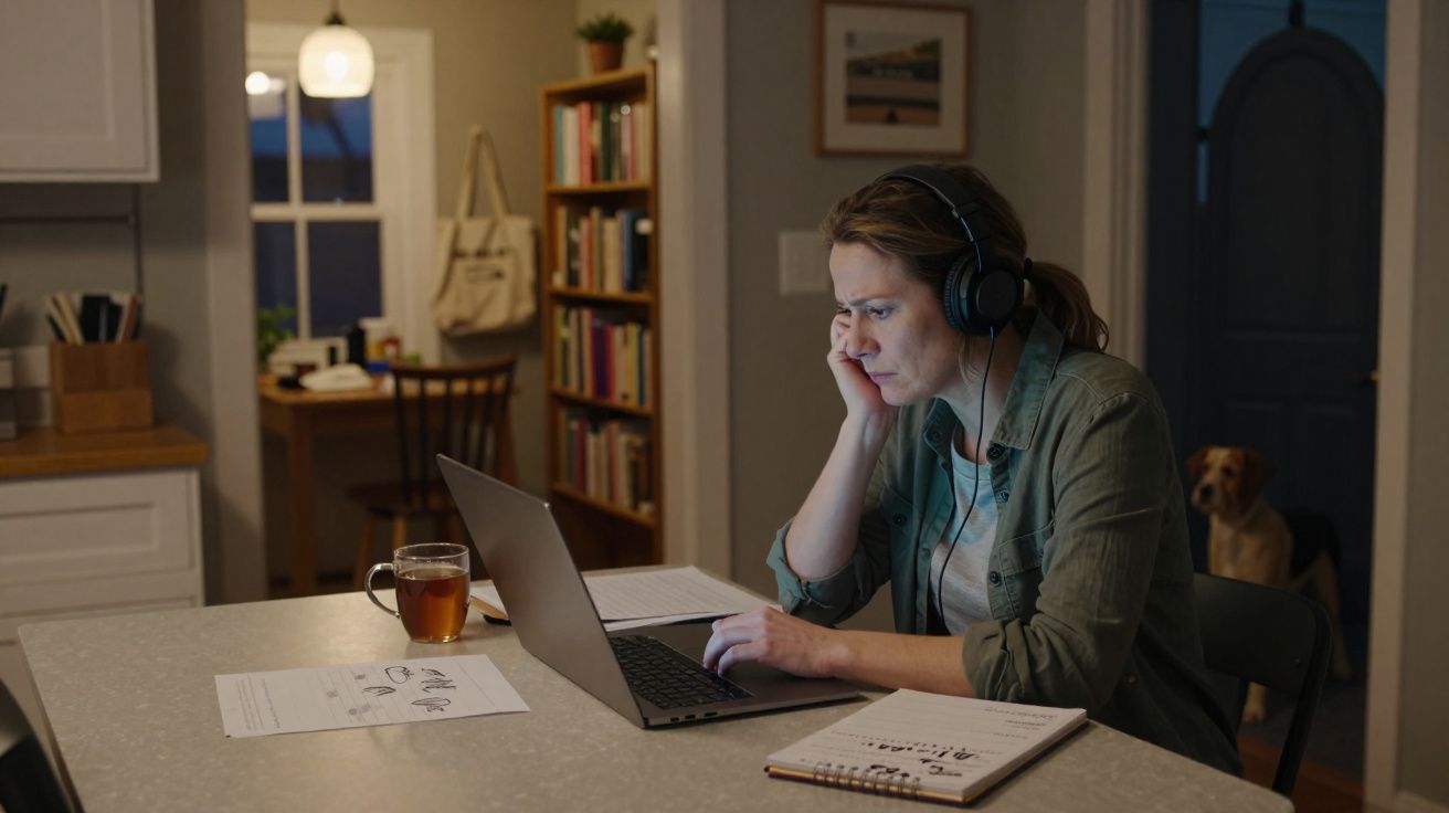 Mulher com auscultadores trabalha no computador à mesa de jantar durante a noite com cão ao fundo.