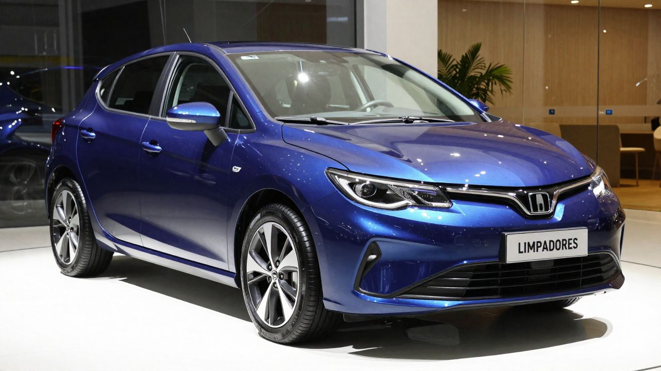Carro compacto azul metálico, marca Honda, exposto em ambiente interior moderno.