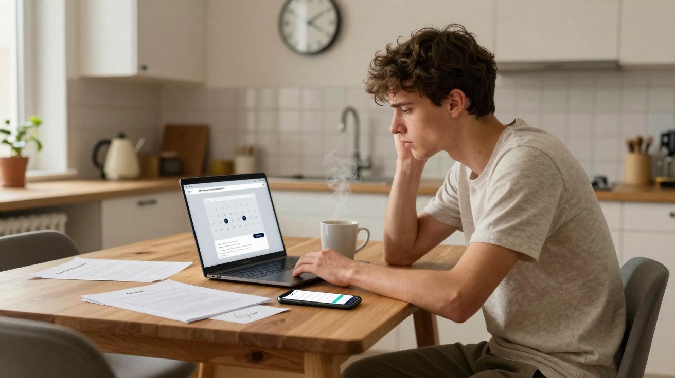 Jovem sentado à mesa a trabalhar num portátil com documentos, telemóvel e chá fumegante numa cozinha moderna.