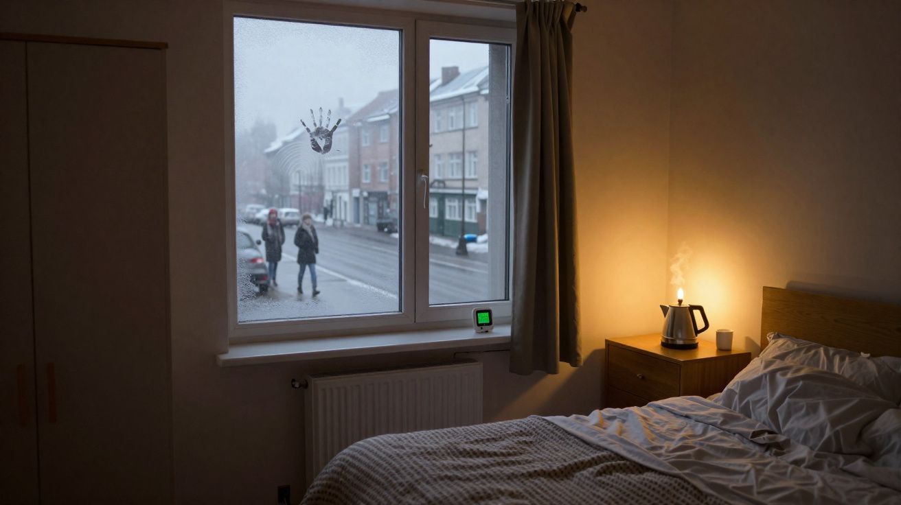 Quarto com janela a mostrar mão impressa na vidro e duas pessoas na rua em dias frios e nublados.