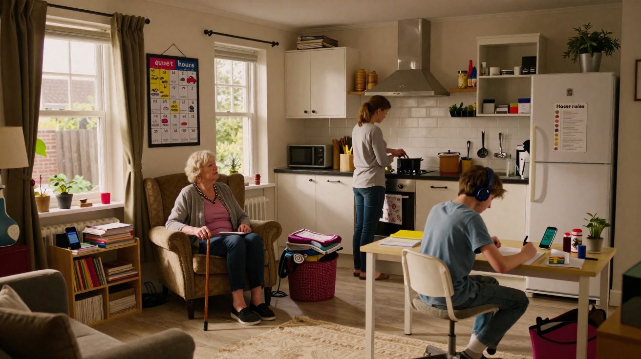 Interior de uma casa com mulher idosa sentada, jovem a cozinhar e criança a estudar com auscultadores.