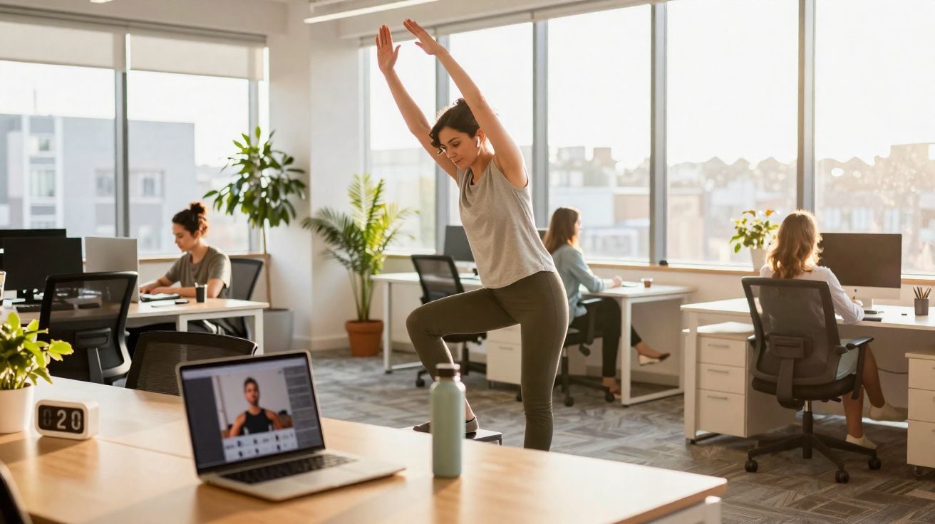 Mulher a fazer alongamentos num escritório moderno com colegas a trabalhar nas secretárias.