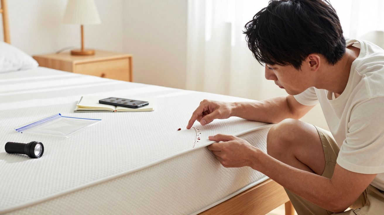 Homem inspeciona pequenos pontos vermelhos num colchão branco num quarto iluminado.