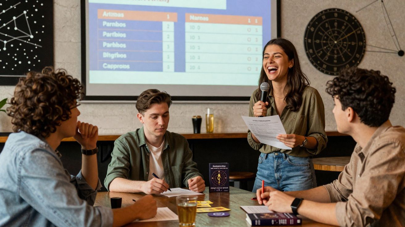 Jovem mulher a falar com microfone para três rapazes numa reunião informal com apresentação projetada.