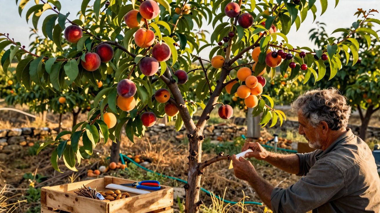 Homem a cuidar de árvore com pêssegos e alperces num pomar ao entardecer.