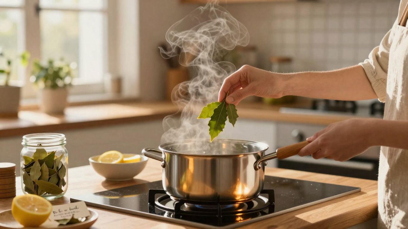 Pessoa a colocar folhas de louro numa panela ao lume numa cozinha moderna com luz natural.