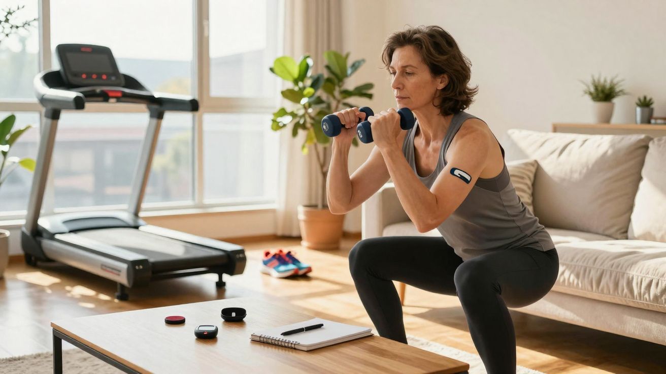 Mulher a fazer agachamentos com halteres em casa, perto de passadeira e mesa com caderno e dispositivos.