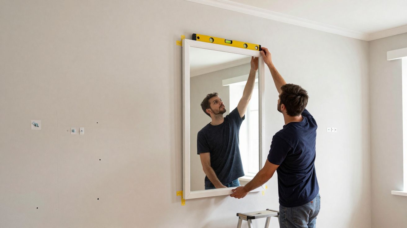 Homem a pendurar espelho na parede usando nível para garantir alinhamento perfeito.
