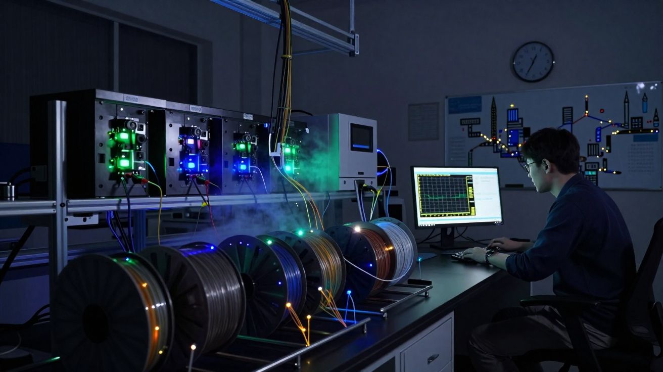 Técnico a operar equipamento de fibra ótica num laboratório com vários rolos de cabos luminosos e monitor.