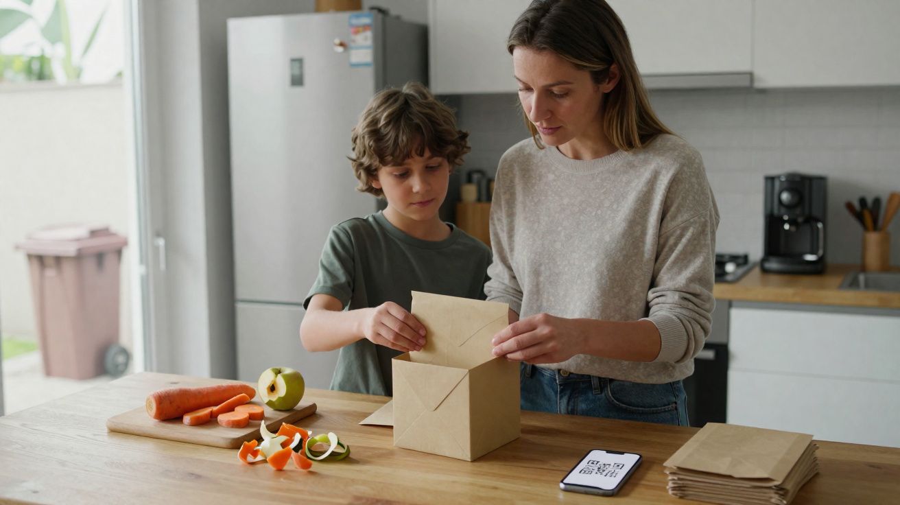 Mulher e menino preparam embalagens de papel na cozinha, com legumes e fruta sobre a mesa.