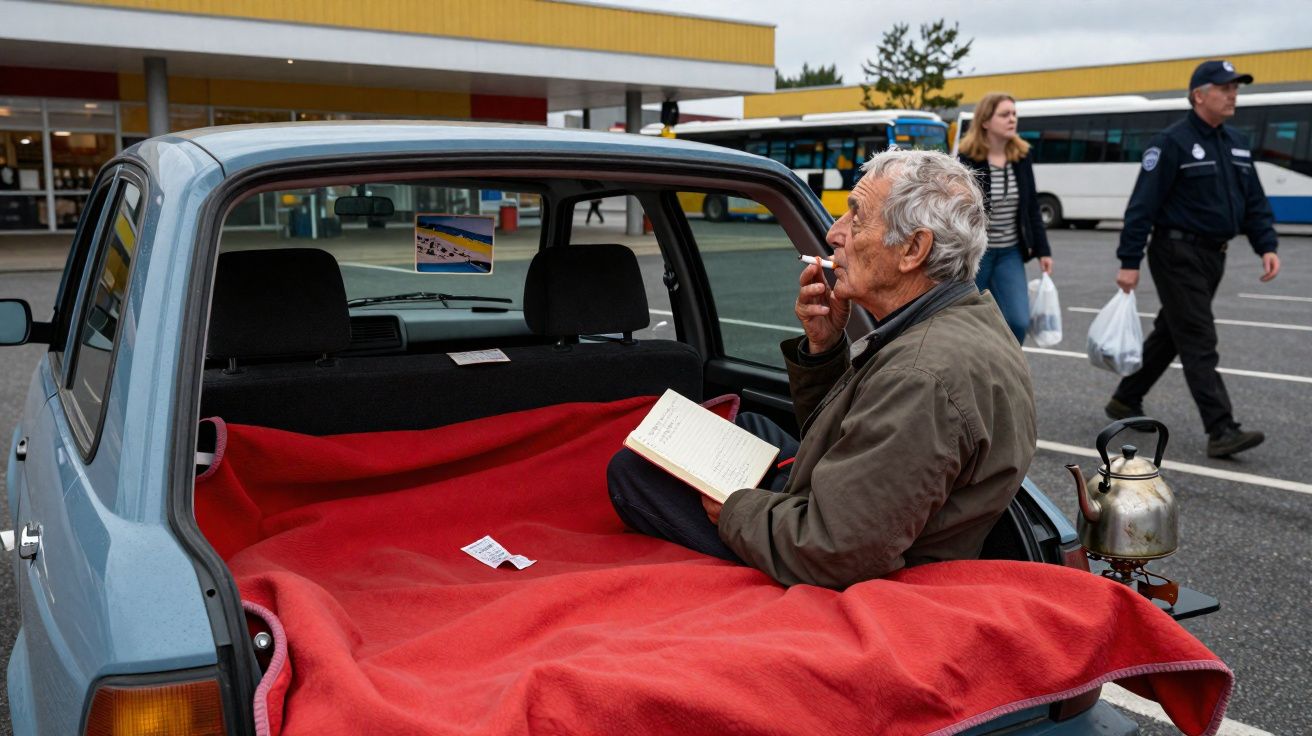 Homem idoso sentado na mala aberta de um carro, a ler um livro e a fumar, com cobertor vermelho.