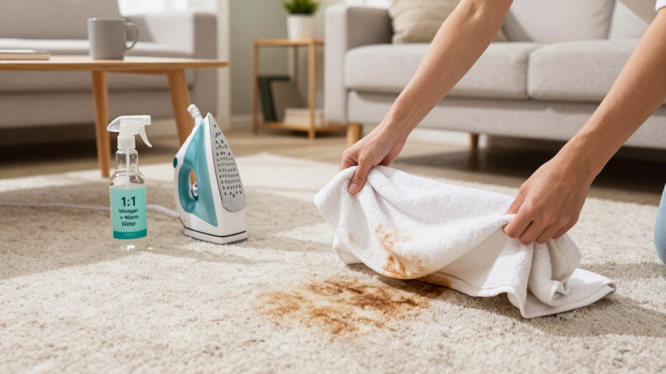 Pessoa a limpar nódoa castanha em tapete com toalha branca, ferro e spray de vinagre em sala de estar.