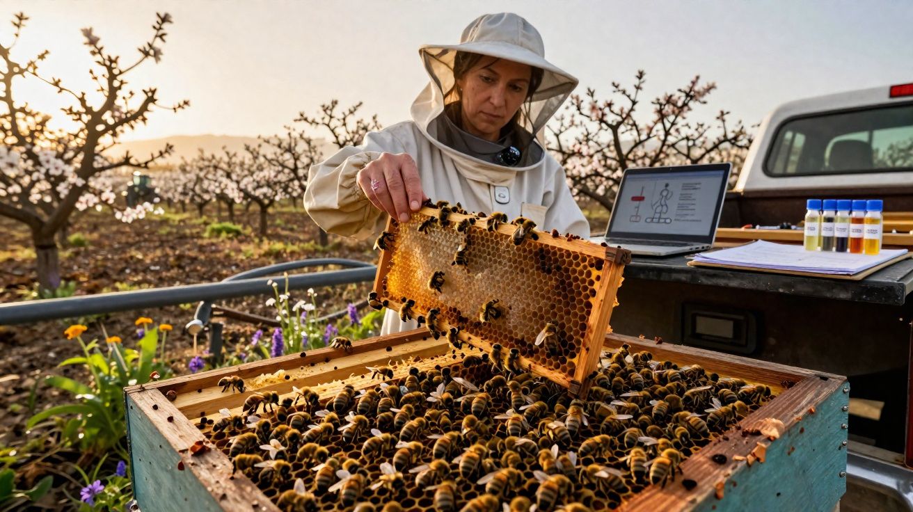 Apicultora a inspecionar colmeia cheia de abelhas num pomar ao pôr do sol com laptop e tubos de ensaio ao lado.