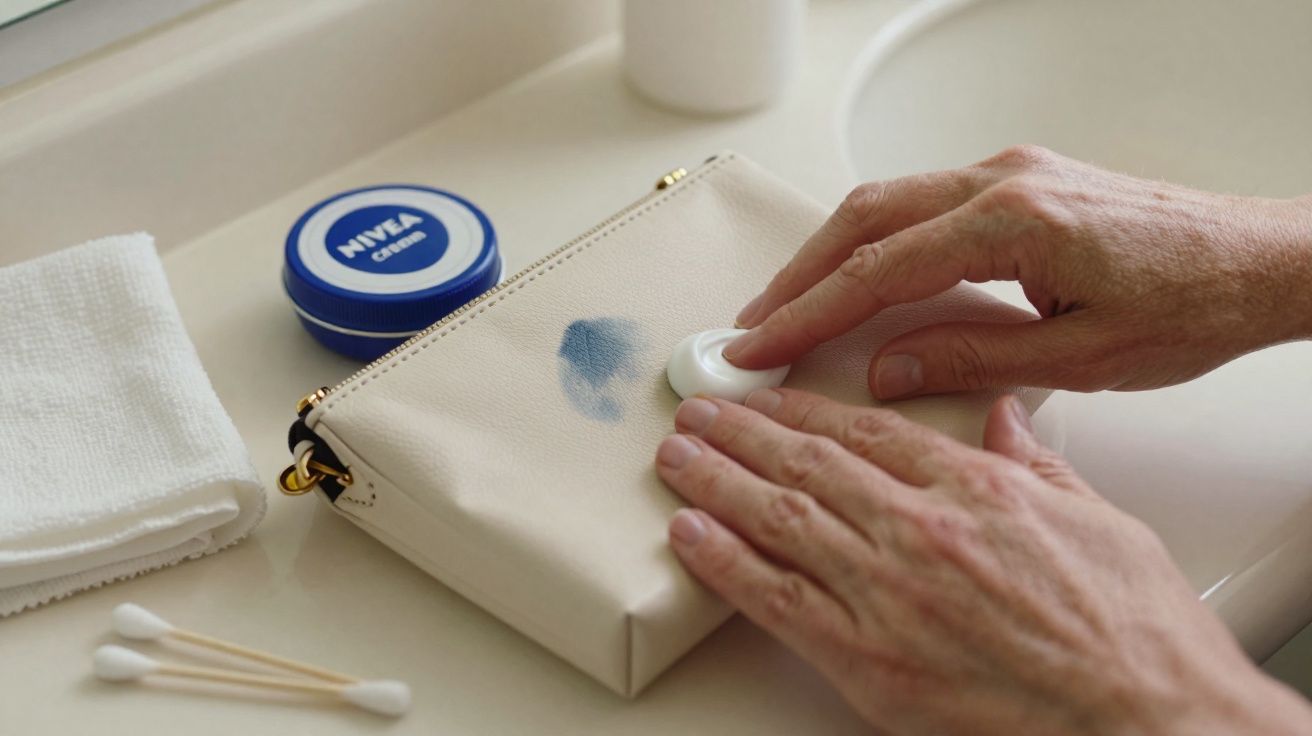 Mãos a usar creme Nivea para limpar nódoa azul numa carteira de pele clara numa casa de banho.