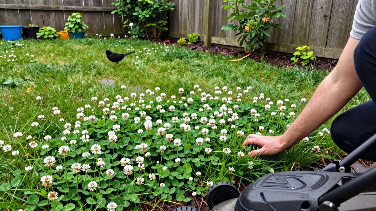 Horta com trevos brancos, um pássaro preto e pessoa a apanhar plantas junto a cortador de relva.