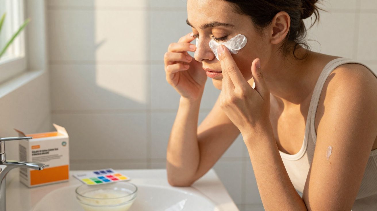Mulher a aplicar creme hidratante no rosto junto à pia numa casa de banho iluminada pela luz natural.