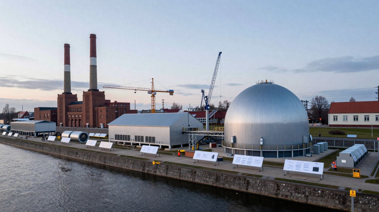 Complexo industrial ao lado de um rio com edifícios, chaminés e uma grande estrutura em forma de cúpula metálica.