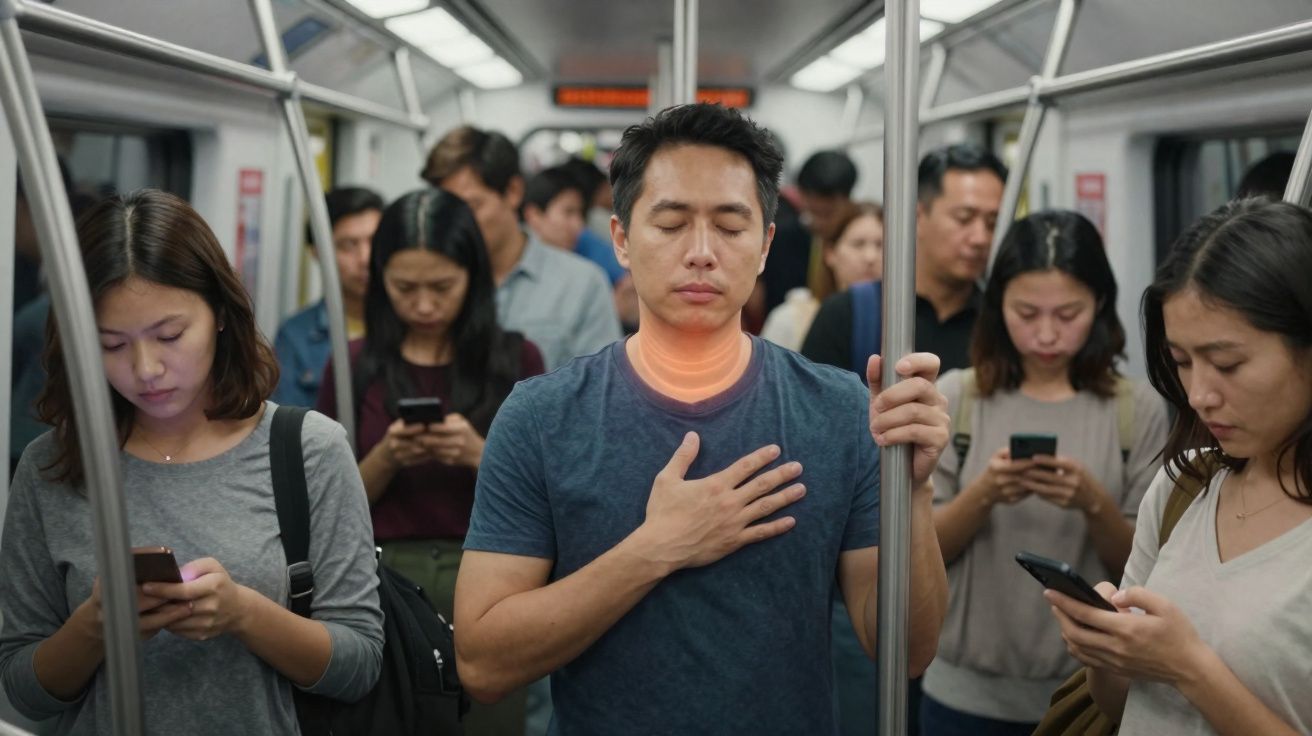 Pessoa de olhos fechados a respirar fundo, rodeada por outras pessoas no metro, na sua maioria focadas em telemóveis.