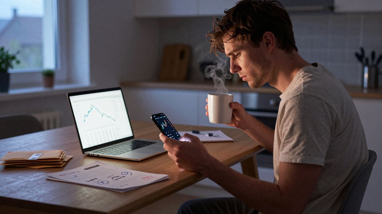 Homem sentado a trabalhar em computador portátil e a consultar gráfico no telemóvel, segurando uma chávena de café.