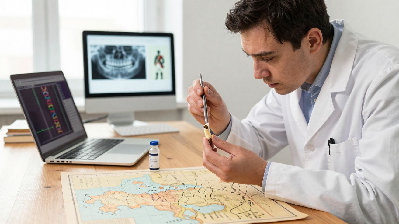 Homem com bata branca examina marcador num escritório com mapa, computador portátil e ecrã a mostrar RX dentária.