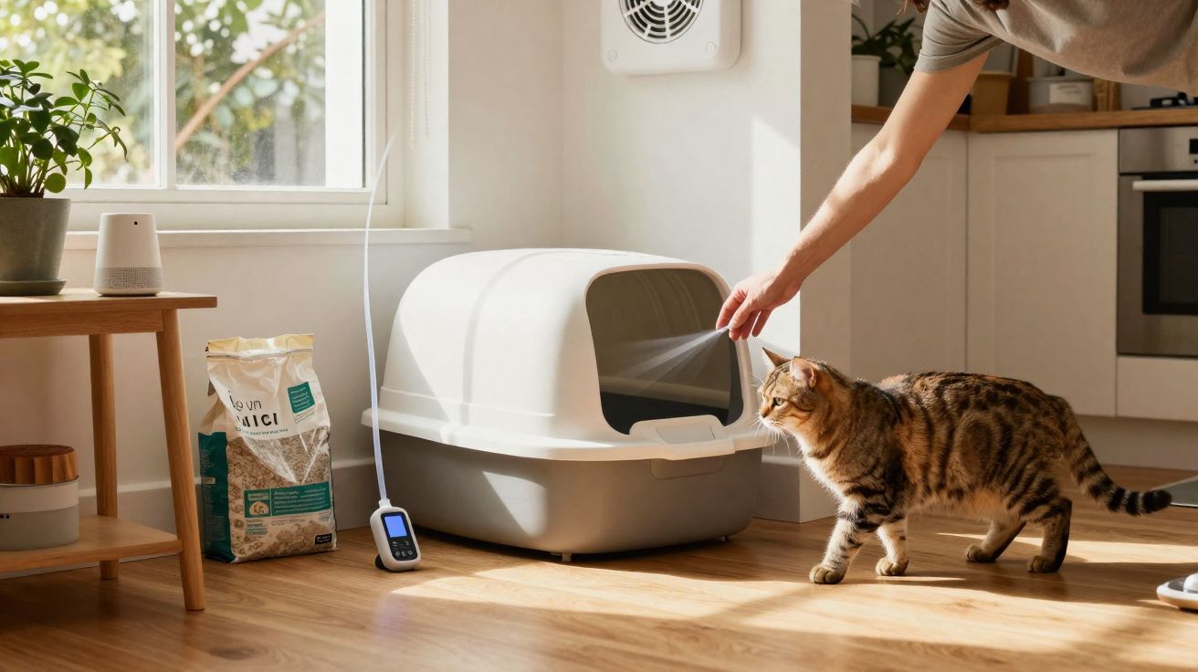 Gato a usar caixa de areia automática com spray desinfetante numa cozinha iluminada.