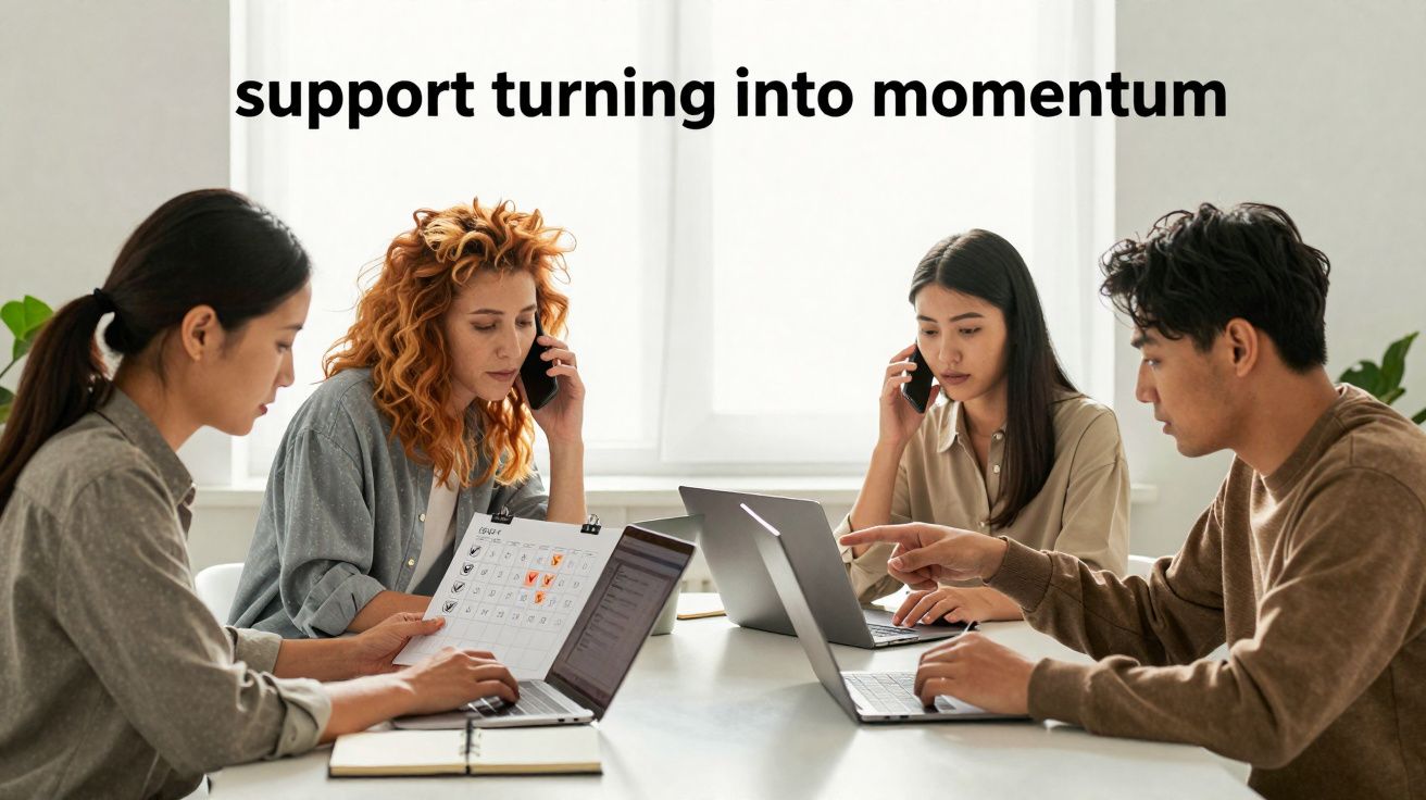 Quatro jovens trabalham juntos em laptops numa mesa, com duas pessoas ao telemóvel e uma a apontar no computador.