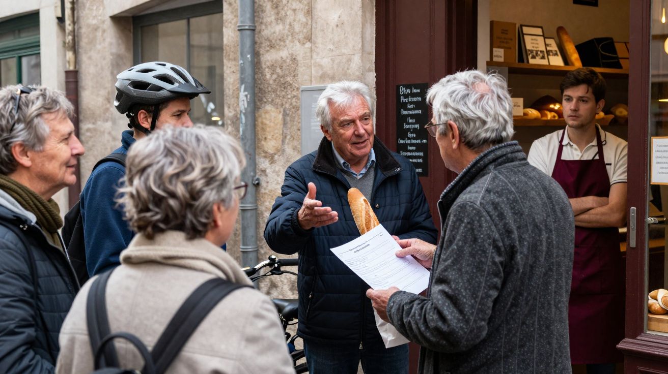 Grupo de pessoas conversa fora de padaria, homem idoso segura pão e documento, jovem observa na porta.