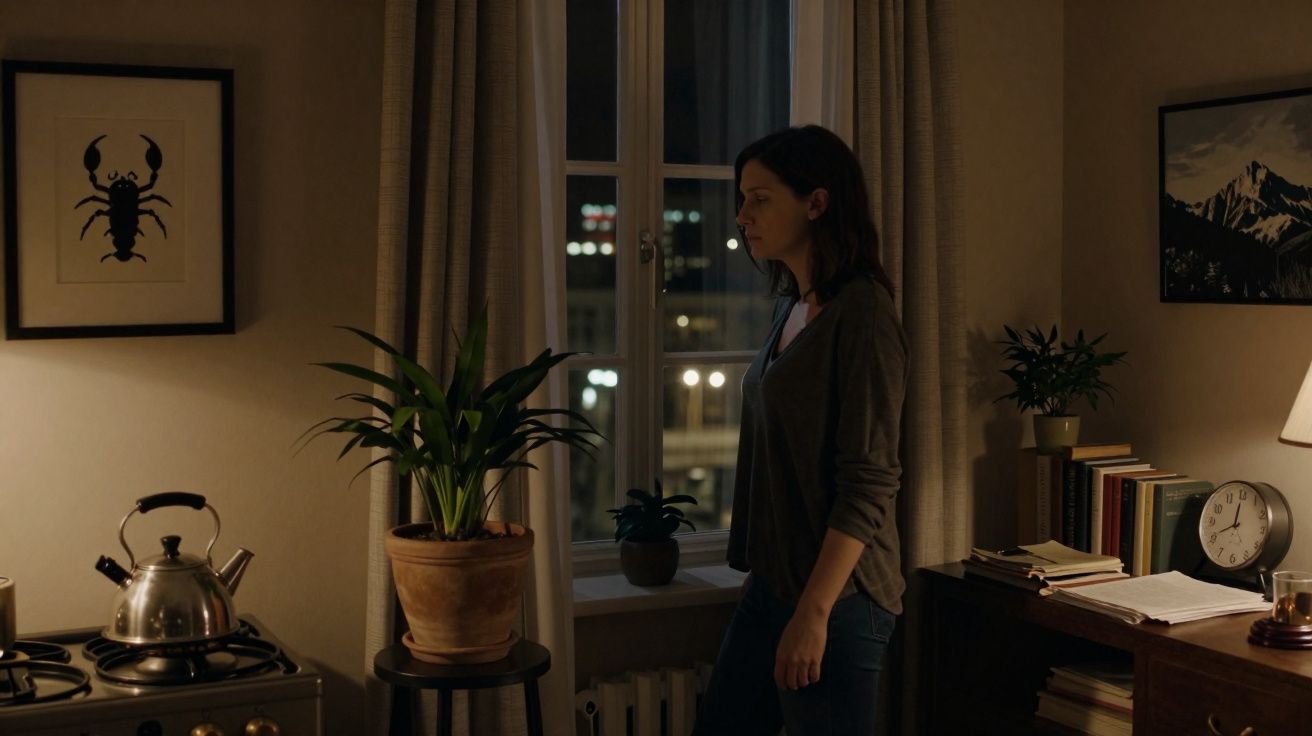 Mulher destaca-se na cozinha escura, olhando pela janela para a cidade iluminada durante a noite.