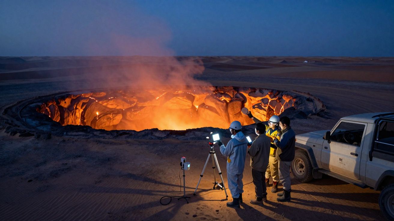 Equipa de geólogos com capacetes a estudar cratera vulcânica brilhante ao anoitecer no deserto.