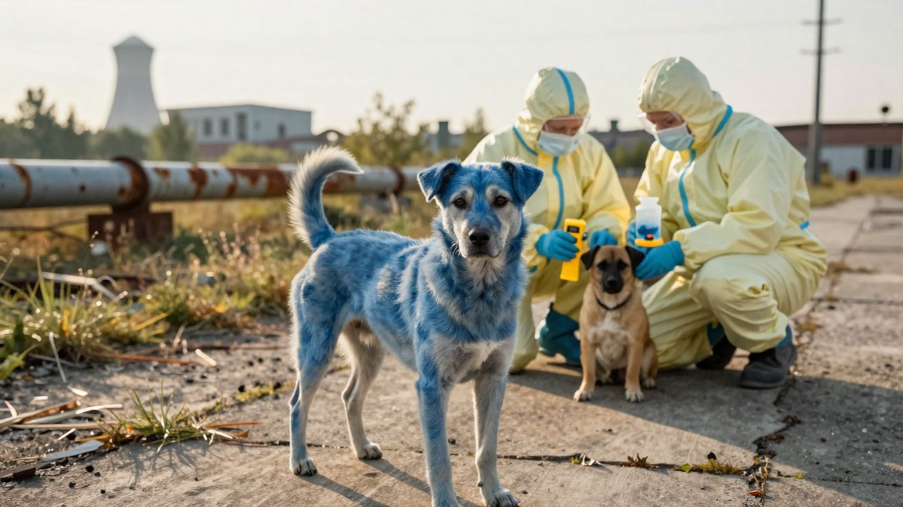Dois técnicos em fato de biosegurança examinam cães num ambiente industrial ao ar livre ao amanhecer.