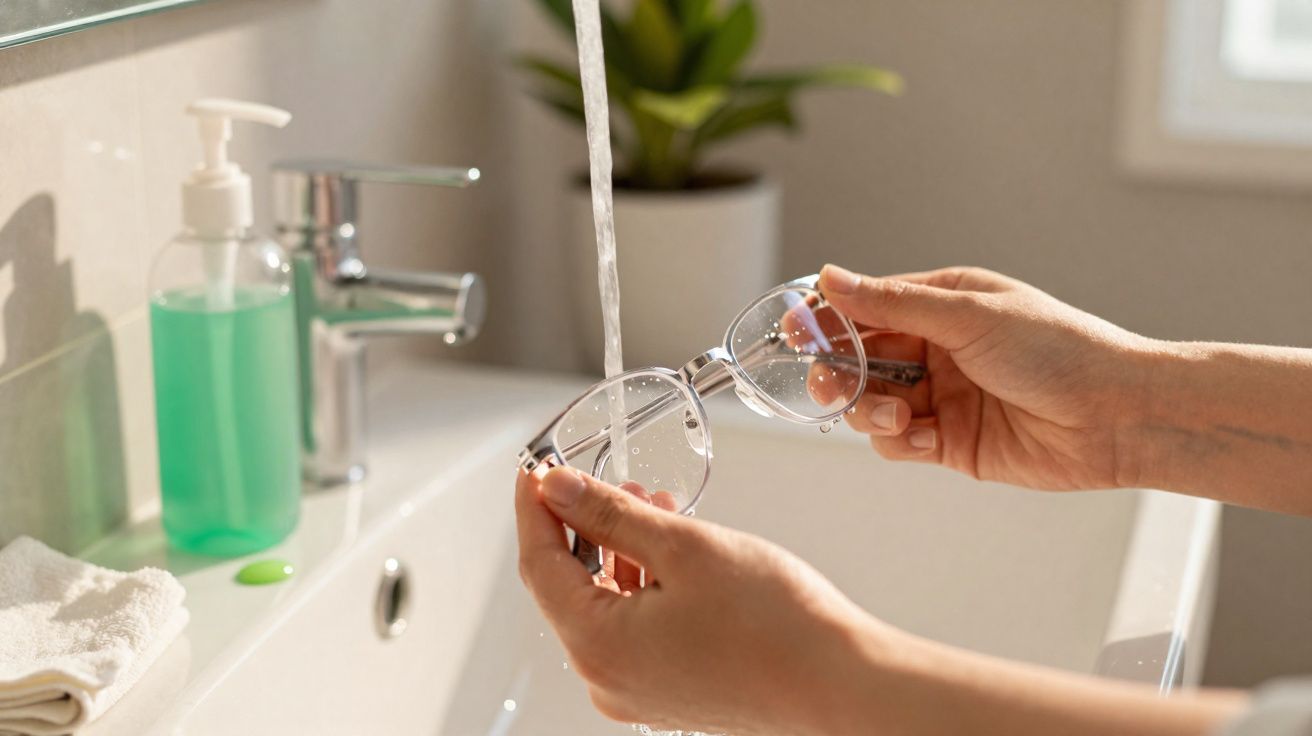 Pessoa a lavar óculos transparentes com água numa pia branca, com dispenser de sabão verde ao fundo.