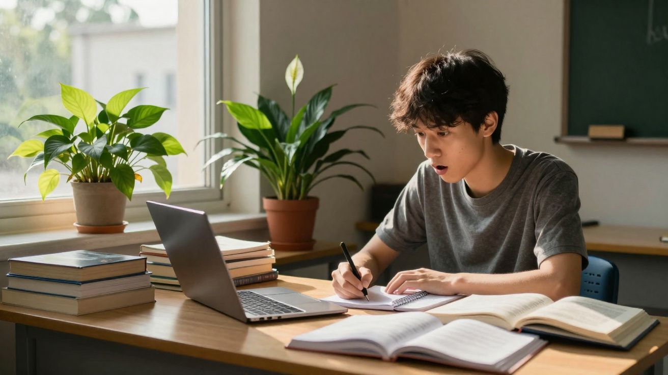 Jovem sentado a estudar com livros, escrevendo num caderno com computador aberto num ambiente iluminado.