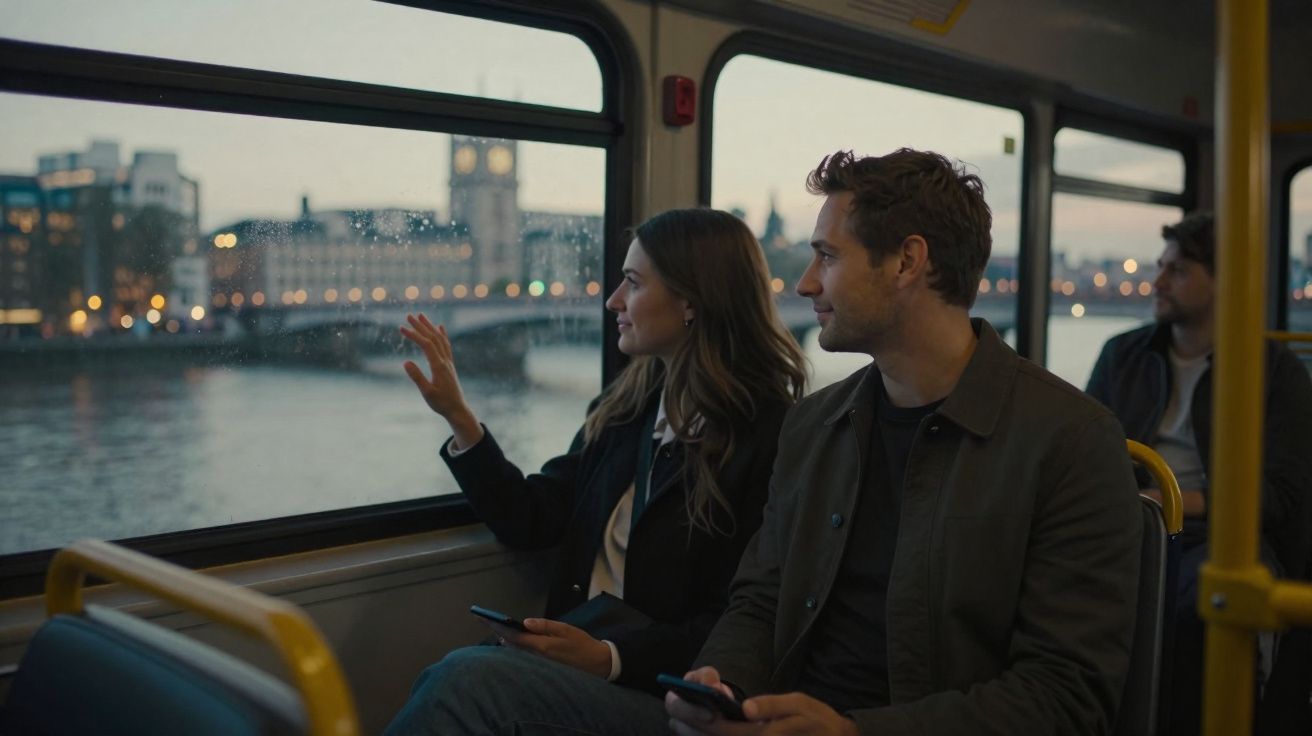 Casal sentado num autocarro, a olhar pela janela para uma paisagem urbana ao entardecer.