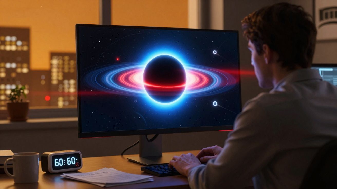 Pessoa a trabalhar num computador com imagem de planeta com anéis coloridos e luzes espaciais.