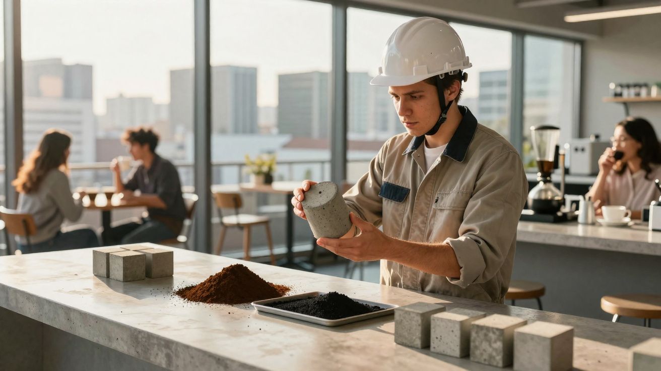 Engenheiro com capacete analisa amostra de cimento num laboratório moderno com colegas ao fundo.