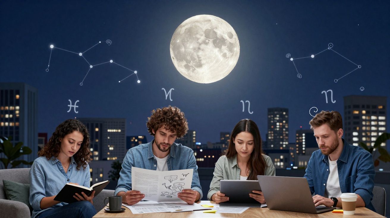Quatro pessoas concentram-se em trabalho, com a Lua cheia e constelações astrológicas visíveis numa cidade à noite.