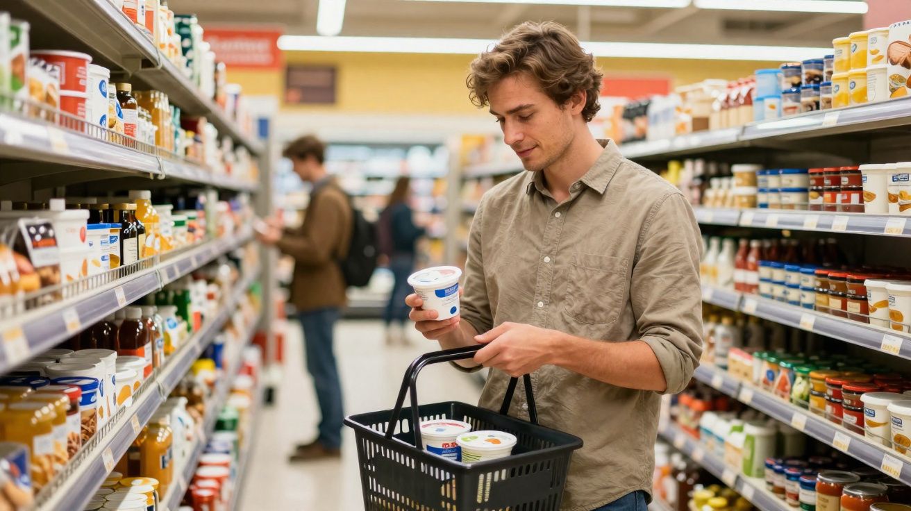 Homem a escolher iogurte num supermercado, com cesta de compras e prateleiras cheias de produtos à sua volta.