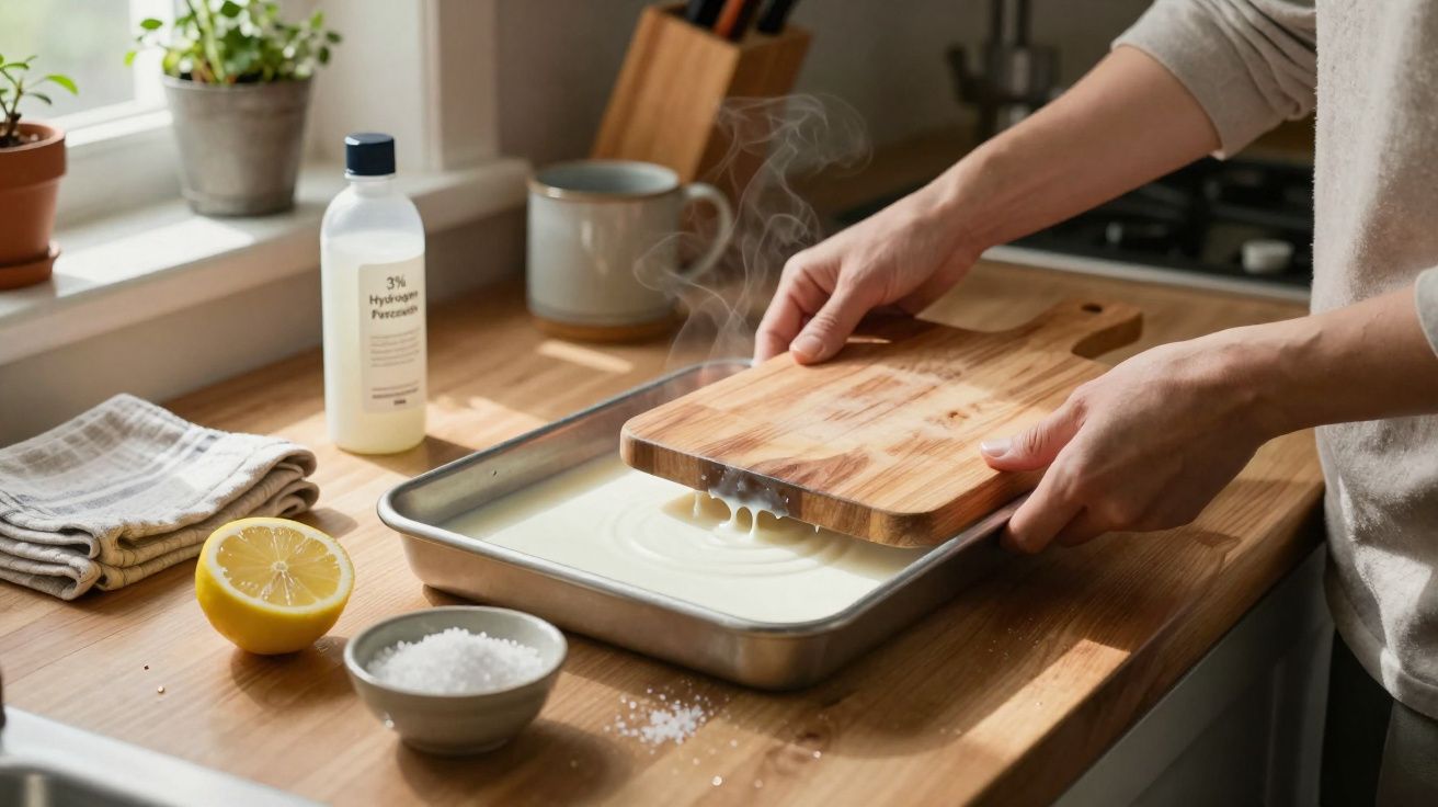 Mãos a despejar líquidos quentes de uma tábua de cortar numa forma metálica numa cozinha iluminada.