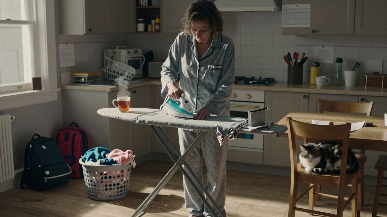 Mulher de pijama a passar roupa numa cozinha com cesto de roupa e gato numa cadeira ao lado.