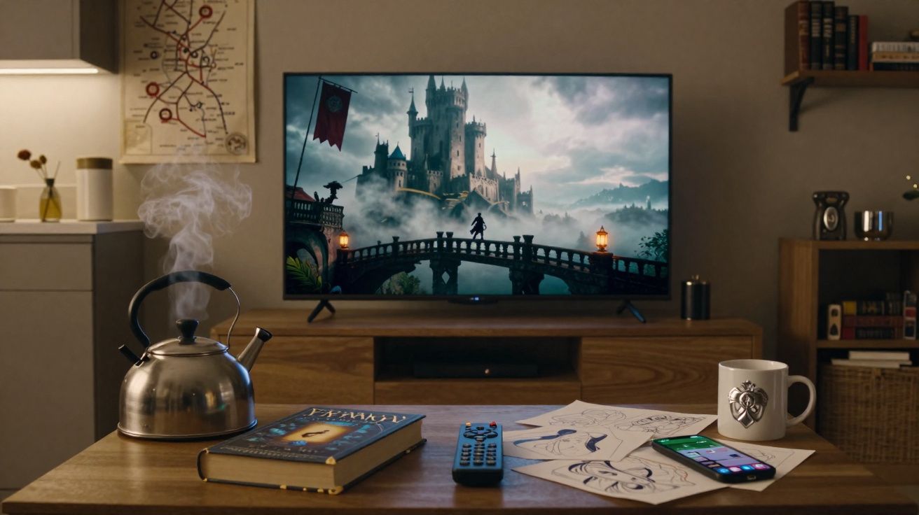 Sala com mesa de madeira, chaleira, livro, comandos, desenhos, telemóvel, caneca e televisão ligada a filme de fantasia.