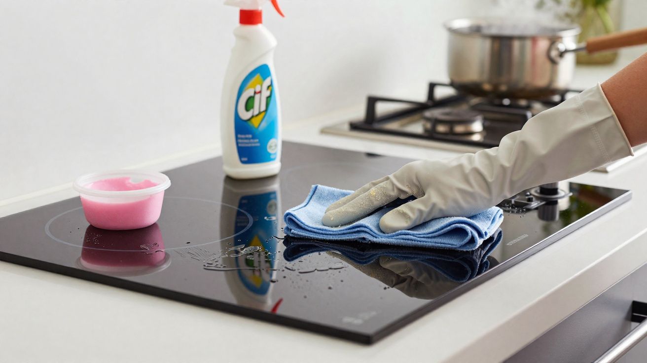 Pessoa a limpar placa de fogão vitrocerâmica com pano azul e luva branca, com detergente de limpeza cif ao fundo.