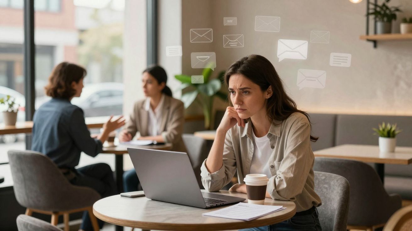 Mulher preocupada a trabalhar num computador portátil num café, com várias notificações de email no ar.