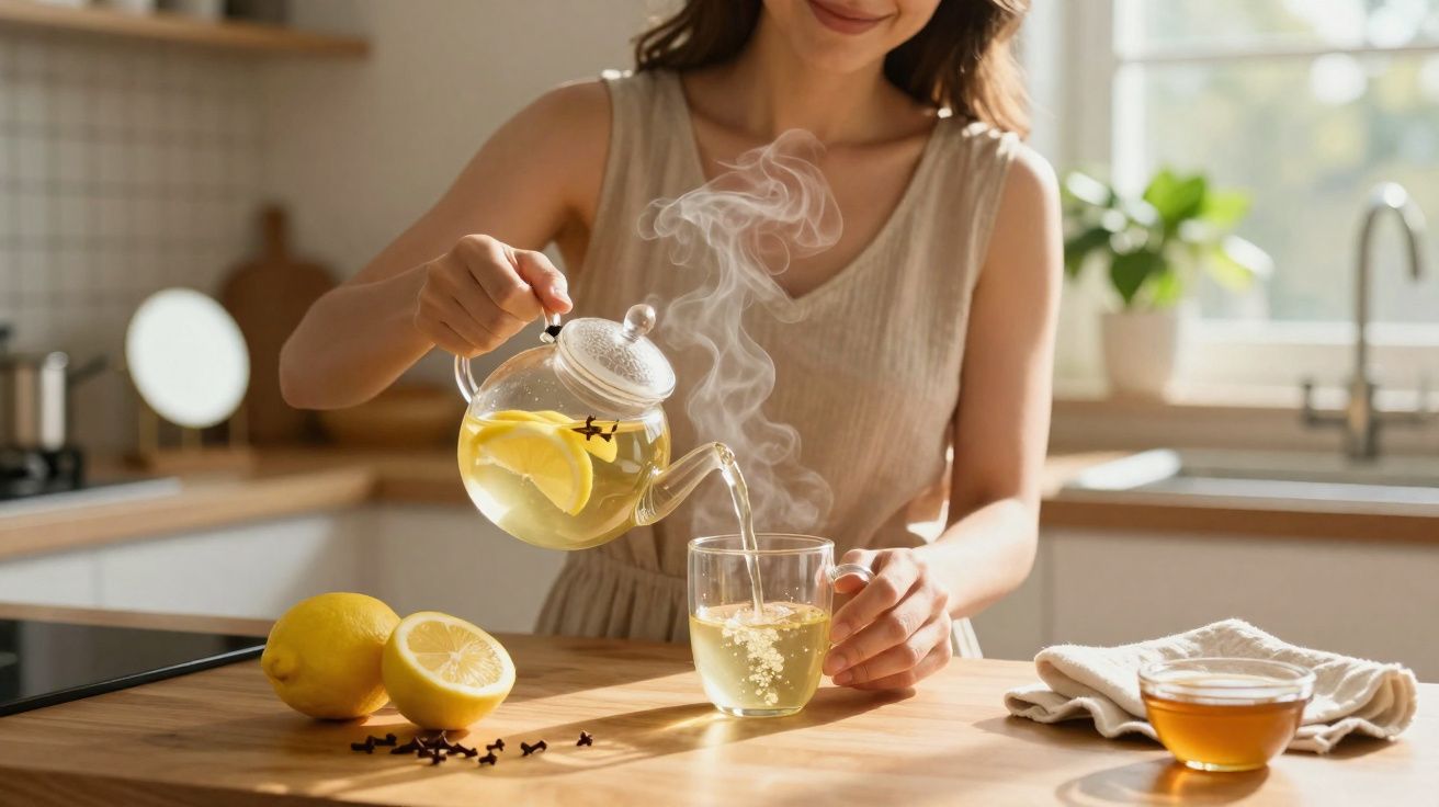 Mulher a servir chá quente de limão com cravinho numa chávena transparente numa cozinha luminosa.