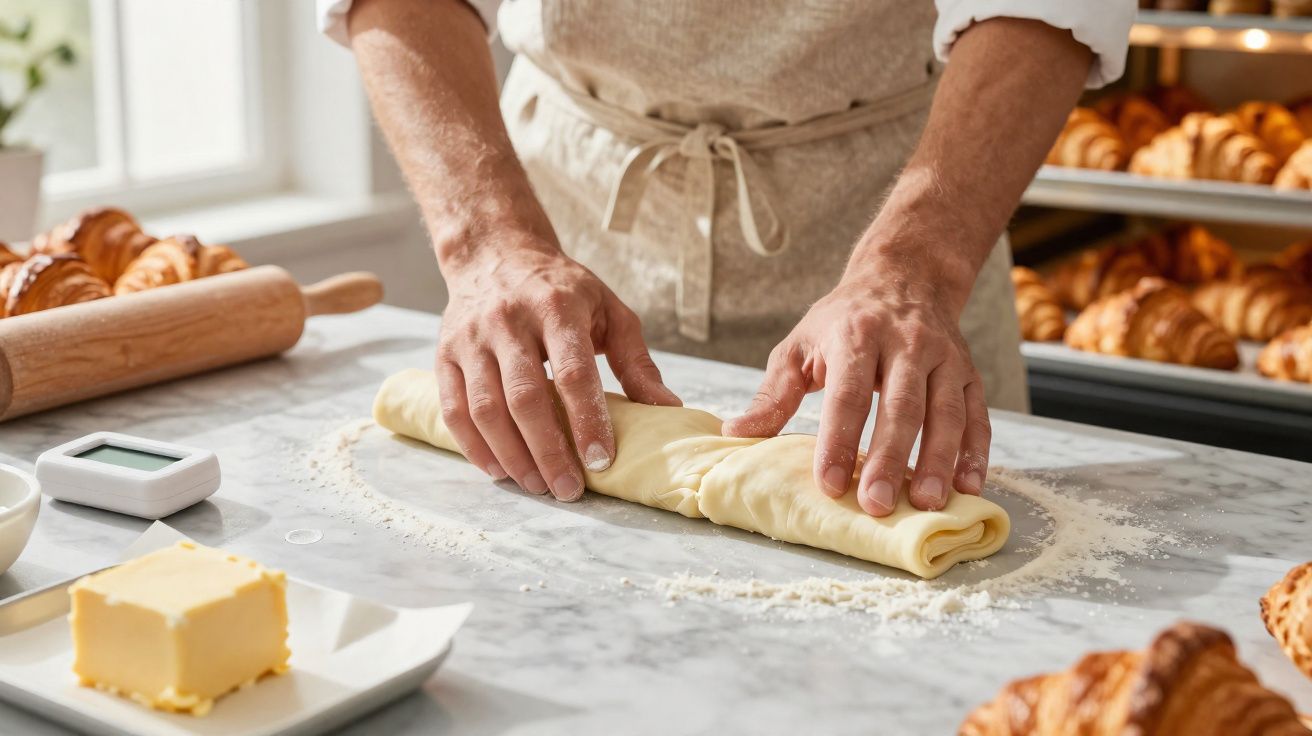 Mãos de padeiro a enrolar massa sobre bancada com ingredientes e croissants ao fundo.